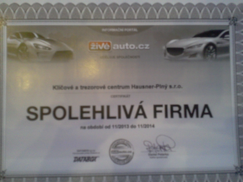 Certifikát pro rok 2013 a 2014 "Spolehlivá firma" na portálu živé auto.