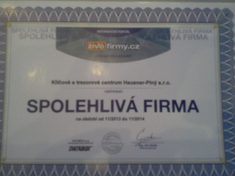 Certifikát pro rok 2013 a 2014 "Spolehlivá firma"